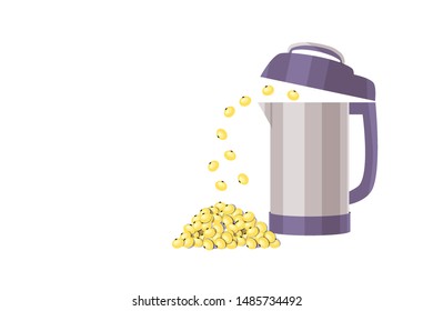 Flat vector illustration -soy milk maker and soy beans - modern kitchen device for making lactose-free natural milk for vegetarians, vegans and people with lactose intolerance. 