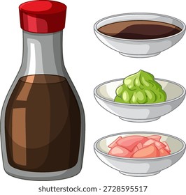 Flache Vektorgrafik einer Sojasauce-Flasche neben Schüsseln mit Wasabi und Ingwer