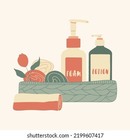 Flat Vector Illustration With Spa Cosmetics: Hand Drawn Wicker Basket With Skin Care Products. Cream And Lotion Jar, Tube, Dispenser And Towels In Sage Green, Red And Beige Colors. Perfect For Shop