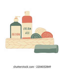 Flat Vector Illustration With Spa Cosmetics: Hand Drawn Wicker Basket With Skin Care Products. Cream And Lotion Jar, Tube, Dispenser And Towels In Sage Green, Red And Beige Colors. Perfect For Shop