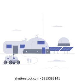Flat vector illustration of a space research base with domed buildings, solar panels, and an exploration rover on a planetary surface.