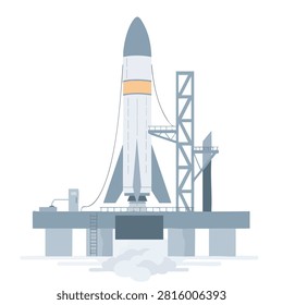 Flat vector illustration of a space rocket standing on a launch platform ready for mission departure