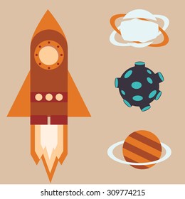 Flat vector illustration space ship and planets Mars and Saturn