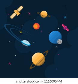 Flat vector illustration of space ships, planets, moon, falling stars and UFO. Space theme illustration for background, poster print.