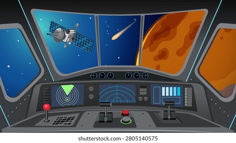 Flat vector illustration of spacecraft interior with radar screens, control panels, and planetary view.