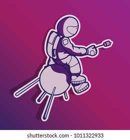 Flat Vector Illustration: Spaceman frying marshmallows