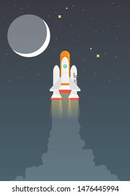 Flat vector illustration of a spaceship launch isolated on space background