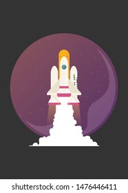 Flat vector illustration of a spaceship launch isolated on space background