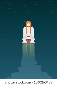 Flat vector illustration of a spaceship launch isolated on space background