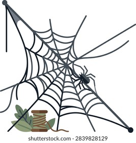 A flat vector illustration of a spider on a web with a spool of thread.