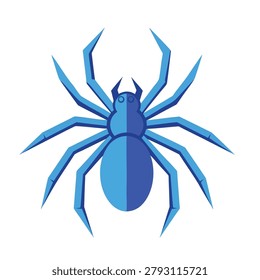 A flat vector illustration of a spider in shades of blue with a symmetrical design and split tone coloring