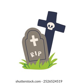 Flat vector illustration of a spooky graveyard, perfect for Halloween-themed designs. This eerie graphic adds a haunting atmosphere to invitations, posters, and seasonal decorations