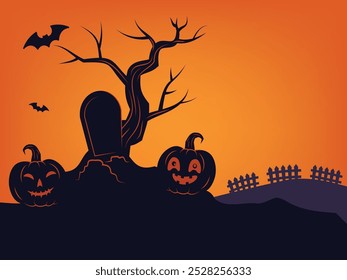 Ilustración vectorial plana, espeluznante ilustración de Halloween, silueta tallada calabazas con caras traviesas se sientan delante de una lápida torcida, tema naranja, 