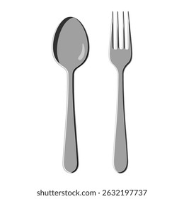 Flat vector illustration of a spoon and fork side by side, isolated on a clean white background. Simple, minimal design in gray tones with subtle shadows and highlights, suitable for kitchen