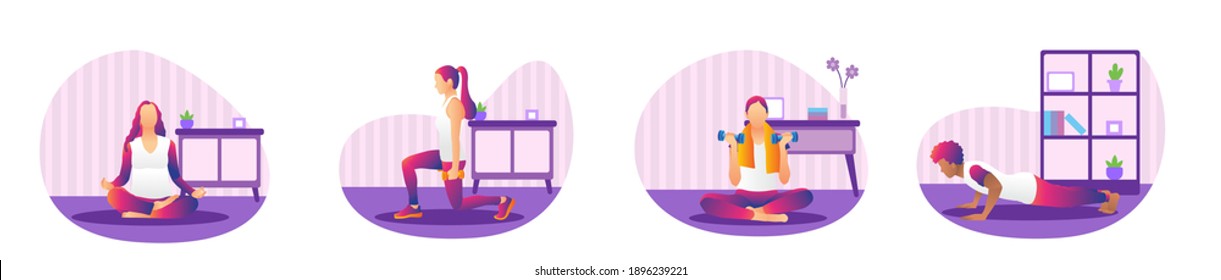 Flat vector illustration sport at home with a purple color theme. Perfect for social media, websites, posters, flyers, etc. 