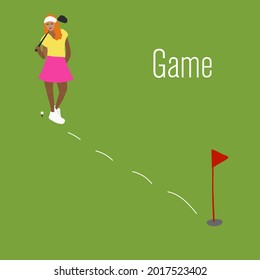 Flat Vector illustration - sporty girl playing golf. Court, park, trees and hills on green background. Banner, site, poster template with place for your text.