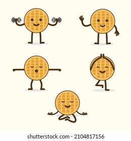 Flat Vector illustration of Sporty Waffle with a cute expression. happy waffle mascot design set.