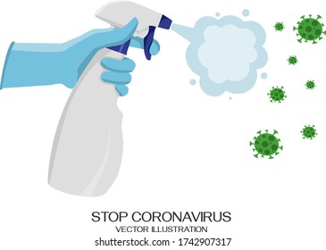 Flachvektorbild. Spritzen einer Flasche mit einem Antiseptikum, ein Mann in Handschuhen desinfiziert die Oberfläche, stoppen das Coronavirus, pandemische, Virus-Moleküle.