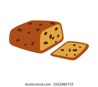 Flat vector illustration of a square loaf style cake with raisins or chocolate chips, including a sliced piece. Hand drawn and isolated on a white background.