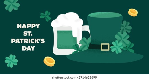 Una Ilustración vectorial plana de símbolos del Día de San Patricio que incluye cerveza verde, trébol de la suerte y un sombrero de duende.