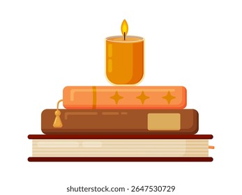 Ilustração de vetor plano de uma pilha de livros com uma vela brilhante no topo. Ideal para leitura acolhedora, conhecimento, aprendizado, relaxamento noturno, magia ou temas de narrativa. Isolado no fundo branco.