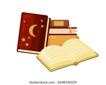 Flat vector illustration of a stack of books with an open lined book and a dark red mystical book with moon and star symbols. Ideal for education, storytelling, magic, and reading themes. Isolated on 