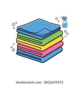 A flat vector illustration of a stack of folded colorful microfiber cleaning cloths with bubbles and spray bottle isolated on white background.