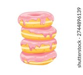 Flat vector illustration of stack of four pink strawberry glazed donuts, cute vertical dessert composition isolated on white background for menu or kids party design