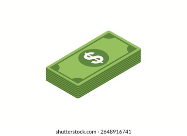 Flat vector illustration of a stack of green dollar bills in a simple isometric view, with a dollar sign icon on the top bill, isolated on a white background.