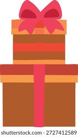 Una Ilustración vectorial plana de una caja de regalo apilada atada con un lazo rojo brillante y una cinta, que simbolizan la celebración y el regalo festivo.