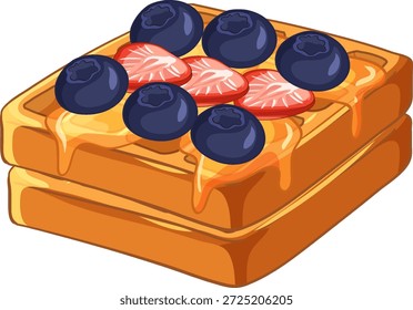 Flat vector illustration of stacked golden waffles topped with fresh berries and dripping honey syrup