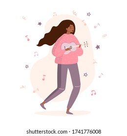 Flat vector illustration of a standing girl playing the ukulele. Concept of playing a musical instrument. Creative poster for advertising, animation, motivation and home entertainment