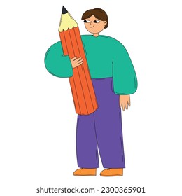 Flat vector illustration of standing student with pencil. Cartoon cute style person illustration 