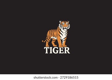 Flache Vektorgrafik eines stehenden Tiger-Maskottchen-Logos, starkes Tiersymbol, gewagtes Tieremblem-Design, einzeln auf schwarzem Hintergrund, modernes Branding-Konzept.