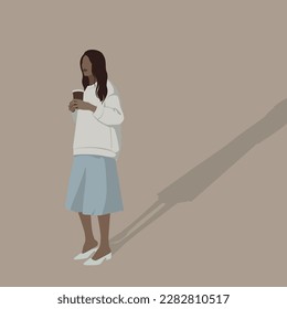 ilustración vectorial plana sostiene a una niña con falda y una sudadera blanca con una taza de café en sus manos