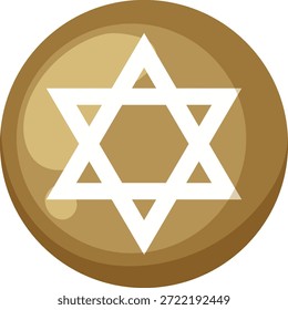 Flat vector illustration of Star of David inside gold circular button, clean geometric design