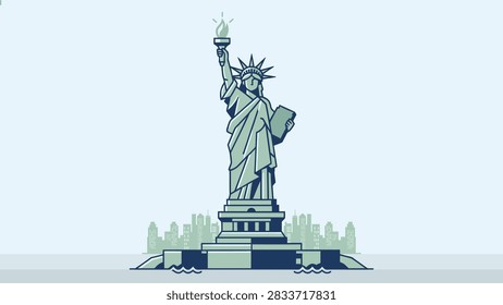 Flat vector illustration of the Statue of Liberty, iconic New York City and American landmark. Suitable for travel brochures, tourism campaigns, United States destinations, history education, and cultural designs.
