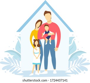 Flat vector illustration. Stay at home. Isolation during an epidemic. A young family in their home. Mom, dad, daughter and son. Background from the house and plants.