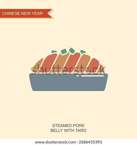 Flat vector illustration of steamed pork belly with taro symbolizing traditional Chinese New Year food. Festive dish for holiday dinner, Asian cuisine and cultural celebration themes.