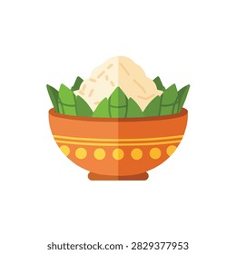 Flat Vector Illustration of Steamed Rice in a Decorative Ceramic Bowl with Green Leaf Garnishes