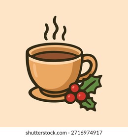 Uma ilustração vetorial plana de uma xícara fumegante de chá ou café, decorada com bagas de azevinho clássicas e folhas ao seu lado. Este gráfico simboliza o Natal, o calor do inverno, o conforto e as bebidas festivas de férias.