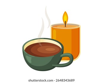 Ilustração vetorial plana de um copo de bebida quente fumegante e vela brilhante. Ideal para momentos acolhedores, relaxamento, noites tranquilas, casa, estilo de vida e temas sazonais. Isolado no fundo branco.
