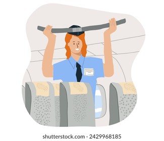 Flat vector illustration steward giving safety briefing in airplane, life jacket demonstration. Stewardess standing in aisle of airplane, giving briefing, explaining safety rules in emergency.