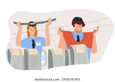 Flat vector illustration steward giving safety briefing in airplane, life jacket demonstration. Stewardess standing in aisle of airplane, giving briefing, explaining safety rules in emergency.