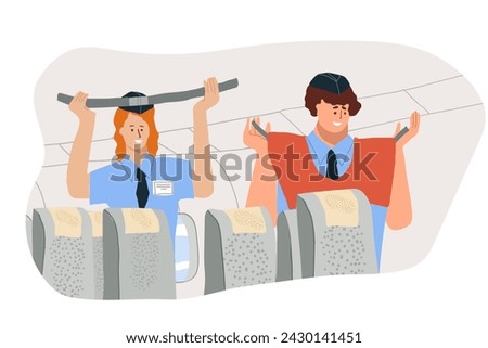 Flat vector illustration steward giving safety briefing in airplane, life jacket demonstration. Stewardess standing in aisle of airplane, giving briefing, explaining safety rules in emergency.