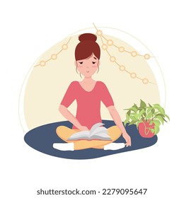 Ilustración vectorial plana, pegatina de una muchacha que lee un libro sentado en el suelo en una habitación acogedora.