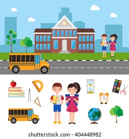 Flat vector illustration stock school set objects