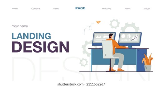 .Flat vector illustration of stock trader working on computer with graphs. Man investor using PC analyzing charts diagrams on exchange market. Finances, cryptocurrency, investing. .