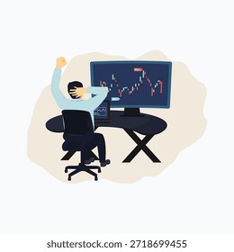 Ilustración vectorial plana de un operador de acciones sentado en un escritorio, analizando los gráficos financieros en un Grande monitor con señales de compra y venta, que representan el comercio, la inversión y el análisis de mercado