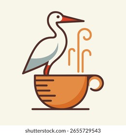 Ilustração vetorial plana de uma cegonha em pé em uma xícara de café laranja com vapor. Design limpo e moderno ideal para café, bebida ou projetos inspirados na natureza.